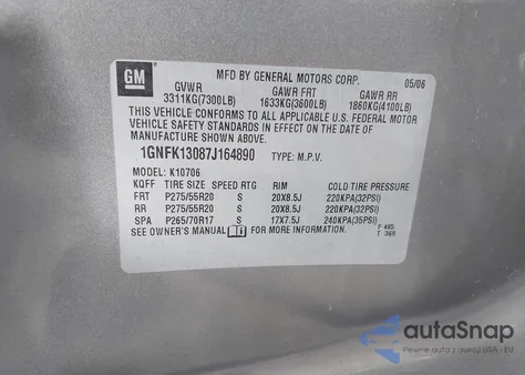 2007 Chevrolet Tahoe Ltz z USA, uszkodzony, nr VIN 1GNFK13087J164890